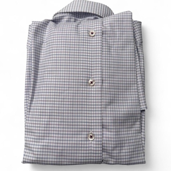 David Donahue unworn cotton micro-check dress shirt blue white red Sz 15.5 34/35 - Picture 4 of 4